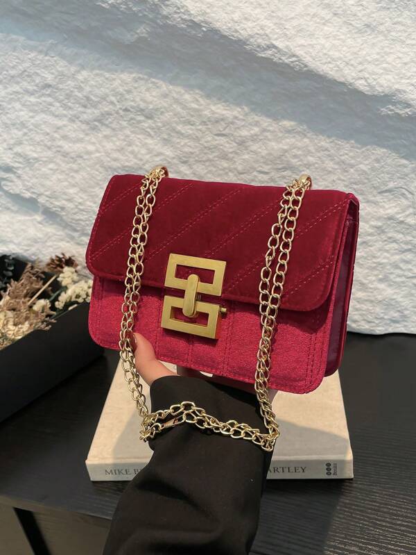 1. Vintage Textured Velvet Square Shoulder Bag, Solid Color Elegant Chain Bag, Classic Women Handbag And Wallet