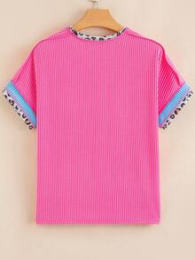 Acelitt Summer Solid Color Patchwork Leopard Print Collar Design Short Sleeve Round Neck T-Shirt Pink Casual - Pink - View 6