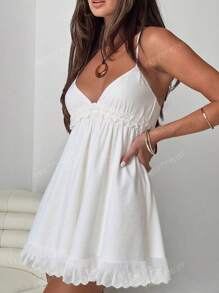 Women's Casual Sexy Boho Holiday Linen V-Neck Loose Cute Short Cami Dress With Floral Lace Patchwork, Suitable For Music Festivals, Parties, Fashion Everyday Wear, Beach Vacation, Daily