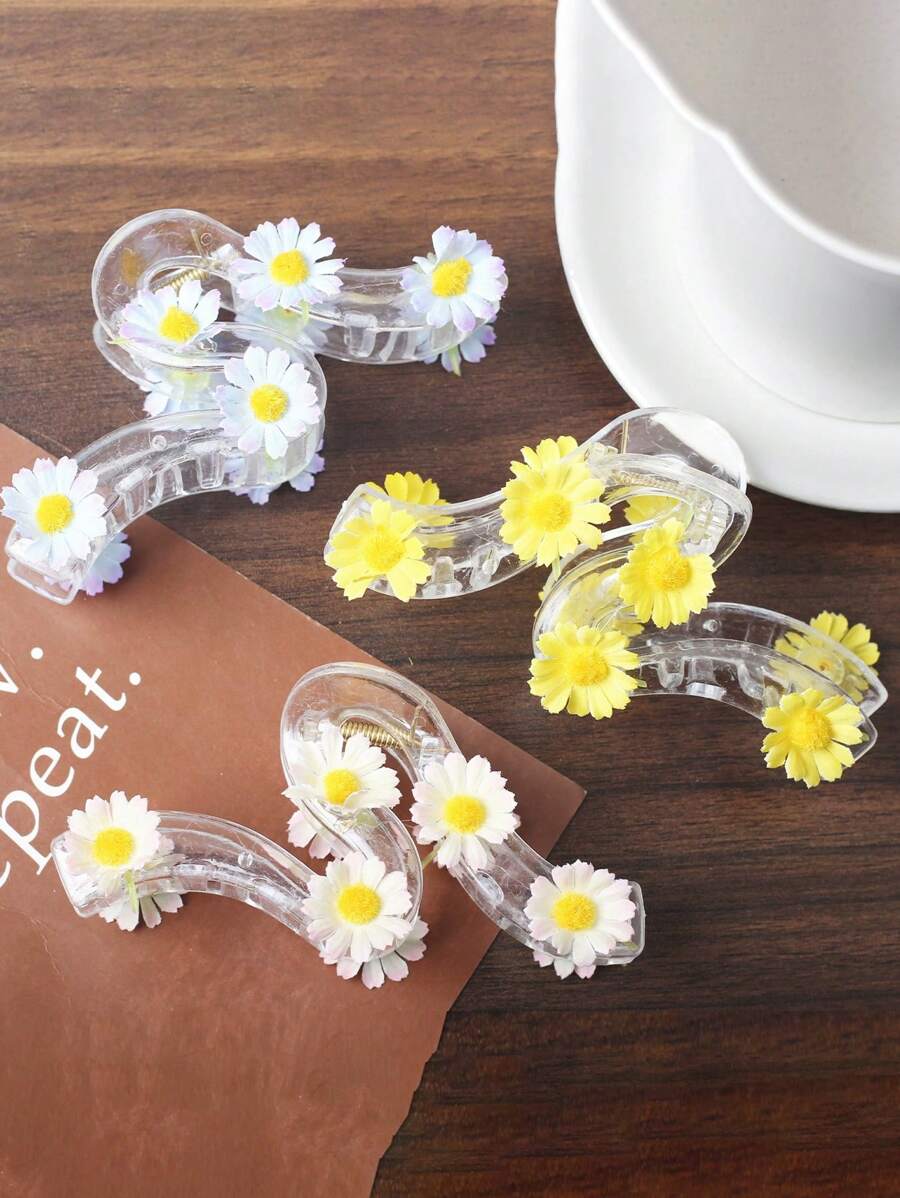 1 件夏季花卉大爪夹，10 件雏菊花 PVC 发爪夹，发爪用于盘发，几何半发髻发夹，女士百搭发饰，婚礼新娘，日常佩戴，海滩配饰时尚发夹女士发夹花夹用于头发秋季配饰
