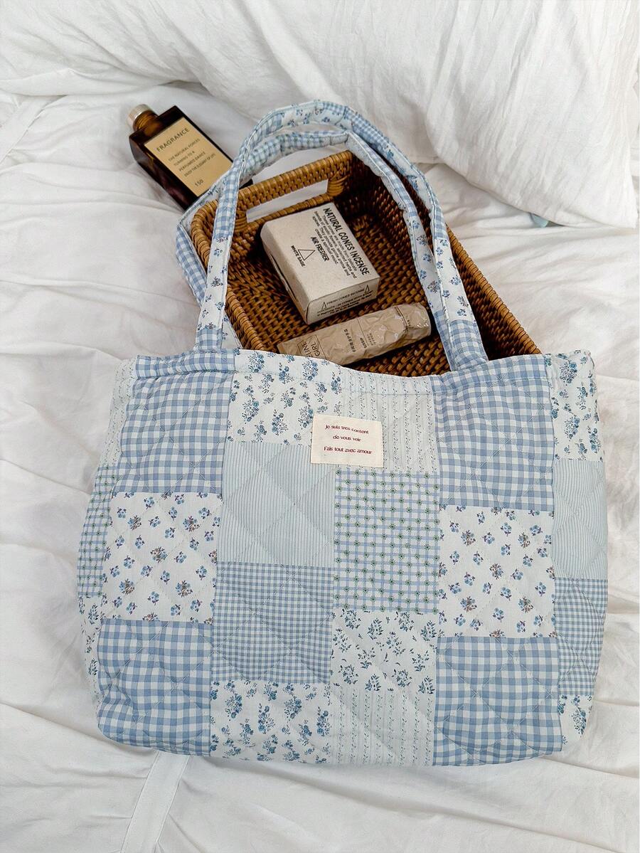 1个印花拼接女士优雅休闲手提包，多功能大容量单肩包，适合旅行、度假、收纳化妆品、洗漱用品，可装手机、钱包、卫生巾、钥匙、笔记本电脑、耳机、充电器、口红、香水、护肤品等——绝佳礼品之选 - 彩色 - 查看 1