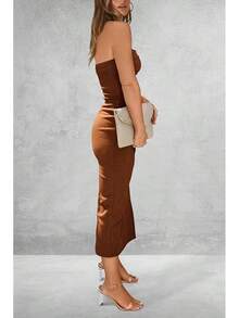 Women's Summer Bodycon Maxi Tube Dress Ribbed Strapless Side Slit Long Going Out Casual Elegant Party DressesHalloween Christmas New Year - 棕色 - 查看 2