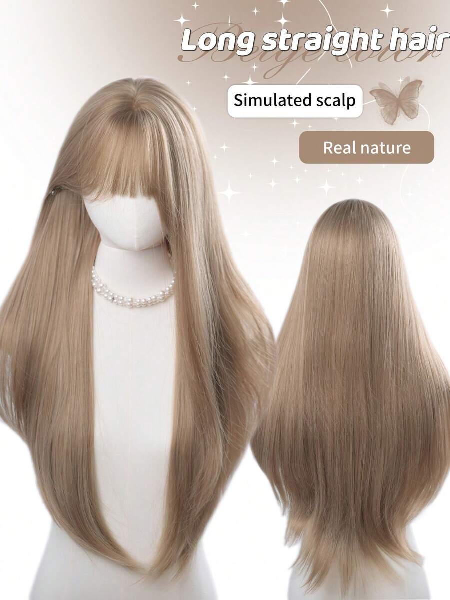 1 Synthetic Heat-Resistant Wig, Brown Long Straight Wig With Bangs, Made Of 30 Feet Long Fiber, Suitable For Daily Use, Natural Artificial Wig
