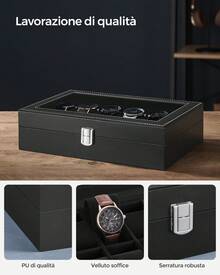 SONGMICS Porta Orologi a 12 Posti, Scatola Portaorologi, Coperchio in Vetro, Cuscini Rimovibili, Chiusura in Metallo, Idea Regalo, Superficie in PU Nero, Interno Nero, Regalo Natale - Superficie in PU Nera, Interno Nero - Visualizzare 3