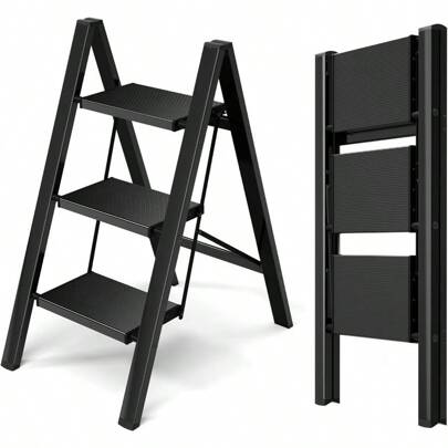 3 Step Ladder Lightweight Portable 3 Step Stool With AntiSlip Wide Pedal 330lbs Capacity Aluminum Ladder For Household Office Kitchen Black