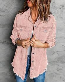 Vetinee Women's Oversized Button Up Frayed Hem Shacket Long Sleeve Pockets Denim Jean Jacket - 藕粉色 - 查看 5