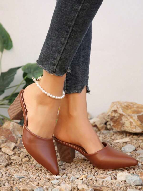 Sandalias de tacón alto de cuero de unicolor para mujer, sandalias de tacón grueso de punta puntiaguda para oficina y moda, verano