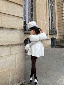 Vestido elegante de mujer de unicolor, de manga larga, con cuello de piel sintética, apropiado para vacaciones, como la Navidad