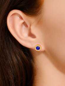 MONALLY 1 Pair 18K Gold Plated Stainless Steel Roman Numeral Stud Earrings, 0.035μm Thickness - Royal Blue - View 4