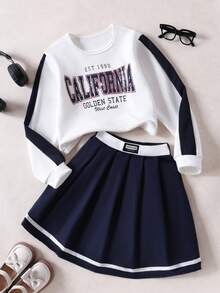 Set de 2 piezas: Sudadera de manga larga y falda plisada mini estilo colegial dulce para niñas, otoño - Azul Marino - Ver 1