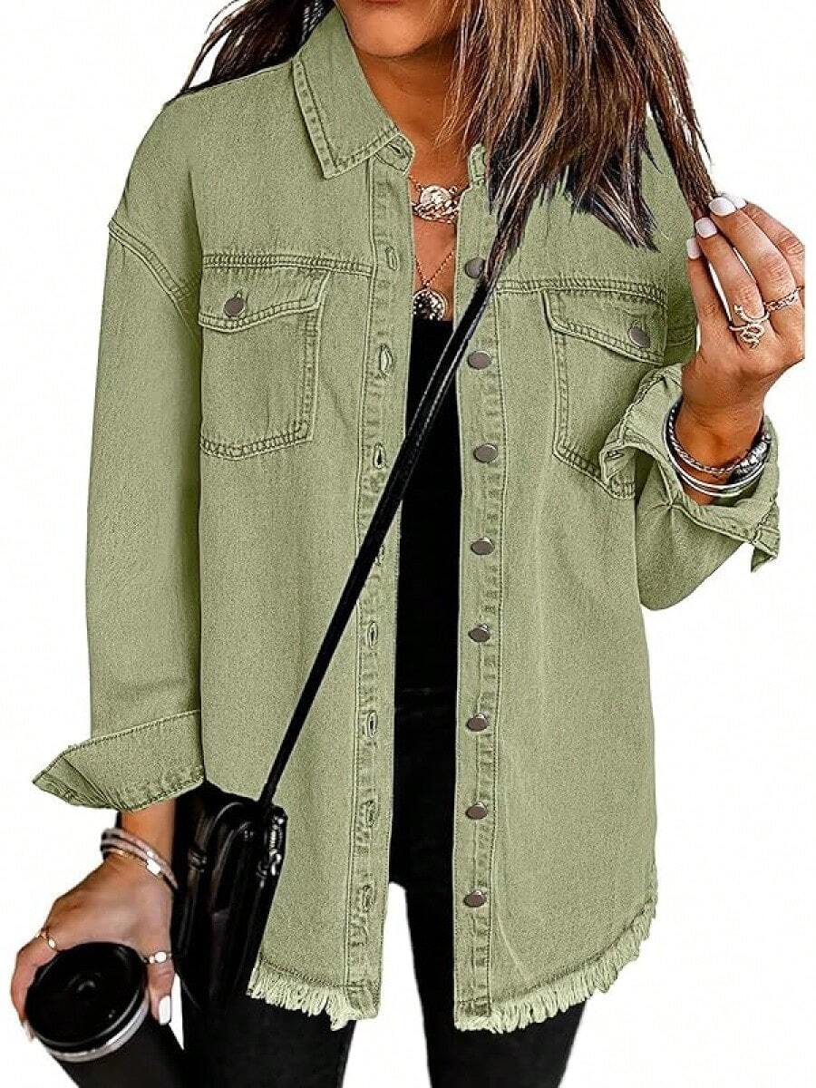 Vetinee Women's Oversized Button Up Frayed Hem Shacket Long Sleeve Pockets Denim Jean Jacket - 勞雷爾.格林 - 查看 1