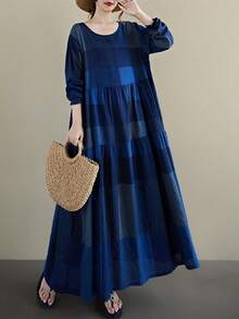 AZAH Women's Plus Size Blue Floral Print Long Sleeve Round Neck Pleated Maxi Dress A Line Woven Fabric Modest Summer Dress With Pockets