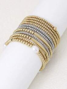11Pcs Fashionable CCB Gold & Silver Bead Faux Pearl Multilayer Elastic Bracelet Set, Stackable Bracelets For Women, Daily, Vacation, Party Jewelry - Bracelet - View 2