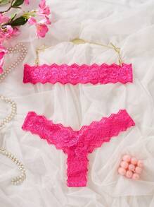 2 件套女士内衣性感、透明、蕾丝、无肩带、夏季性感内衣套装内衣 - 玫紅色 - 查看 7