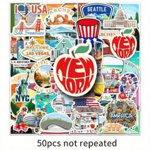 50Pcs FunSticker US-Themed Cartoon Graffiti Sticker, Reusable PVC Sticker For Laptops, Luggage, Guitars, Cars, Waterproof And Self-Adhesive, Irregularly Shaped, Glass-Friendly