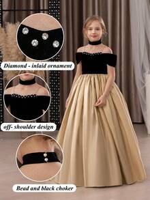 Abito elegante da ragazza pre-adolescente con patchwork dorato, spalle scoperte, fatto a mano con perline, adatto per feste di compleanno, balli, lauree, damigella d'onore, matrimoni - Nero e oro - Visualizzare 3
