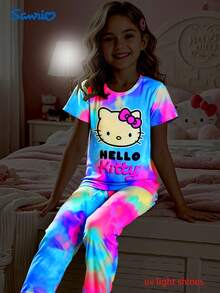 Sanrio Sanrio Hello Kitty (Leuchteffekt im Dunkeln) Flammhemmende Mädchen Kurzarm Pyjama Set + Schmetterling Muster Lange Hose 2 Stücke Nachtwäsche