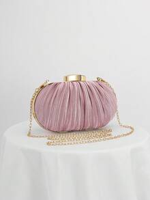 Túi cầm tay xếp ly thanh lịch dành cho nữ, Túi dạ hội trang trọng màu be, thích hợp cho đám cưới, tiệc tùng và dạ hội, có kèm dây xích có thể tháo rời - Hồng - Xem 6