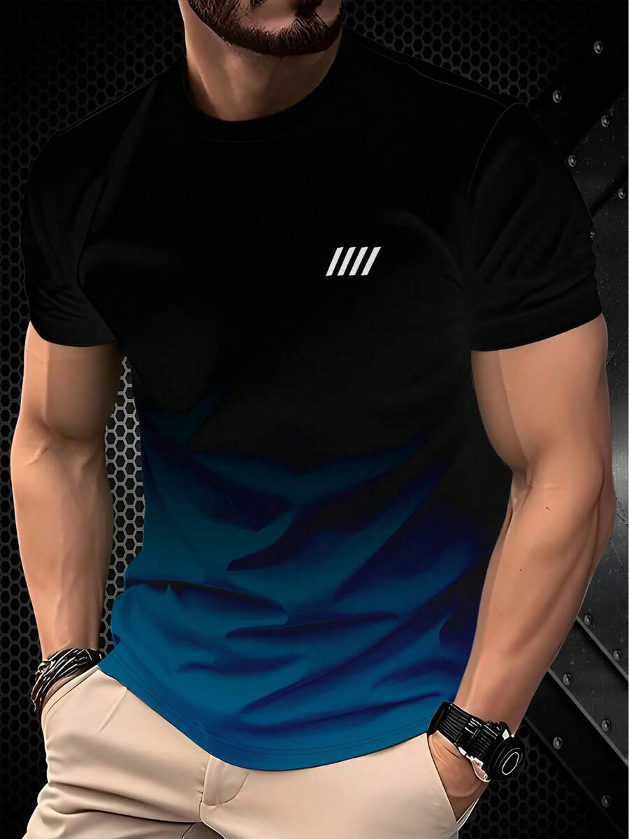 黑色和灰色渐变圆领休闲 T 恤，男士简约四条纹印花透气短袖上衣 - 彩色 - 查看 1