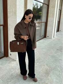 Camellia New Autumn/Winter Women's American Minimalist Street Fashion Zip Decor Lapel Jacket Spring - Coffee Brown - View 5