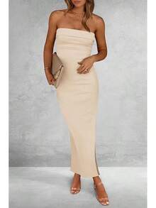 Women's Summer Bodycon Maxi Tube Dress Ribbed Strapless Side Slit Long Going Out Casual Elegant Party DressesHalloween Christmas New Year - 米色 - 查看 6