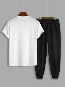 GRDR Conjunto casual de camiseta de manga corta de cuello redondo y pantalones largos con cordón para hombre - Blanco - Ver 3