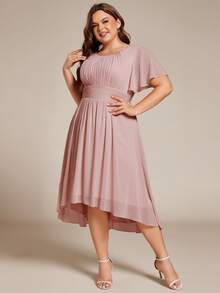 Plus Size Elegant Chiffon Round Neck Short Sleeve High-Low Hem Bridesmaid Dress, High Waist Design