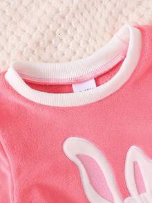 2pcs Baby Girls Cute Rabbit Embroidery Reversible Fleece Crew Neck Long Sleeve Top And Embroidered Detail Pants Children Winter Matching Set, Soft Plush Fabric Suitable For Outdoor
