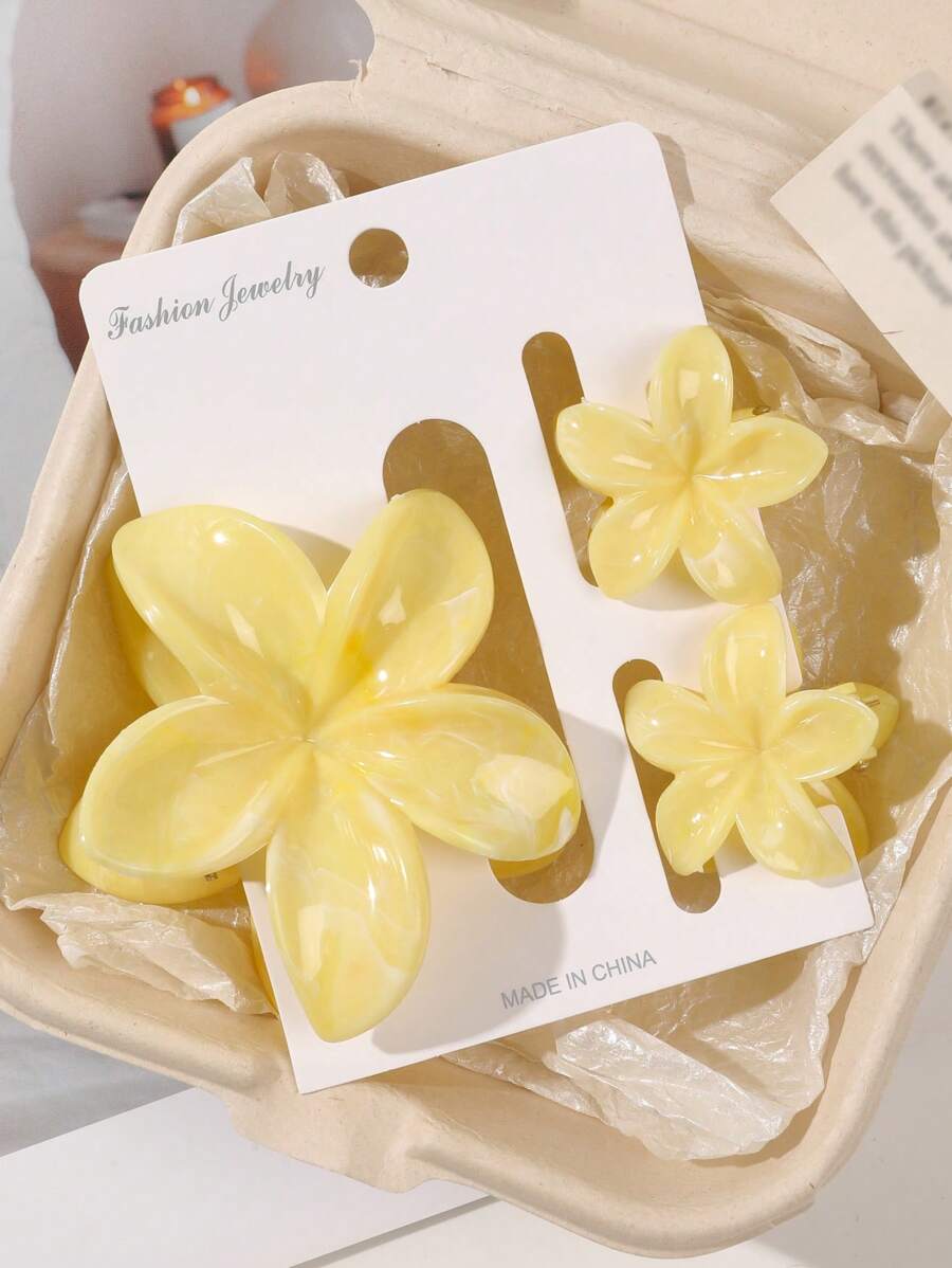 3pcs/Set Hair Clips Combo, Bohemian Style Ombre Marble Pattern, Yellow Gradient, Plumeria Design, Suitable For Beach Vacation, Spring/Summer Hair Accessories Fashion Claw Clips Ladies Hair Clamps Casual Hair Jaw Clip Flower Clips For Hair Autumn Accessories Fall Winter