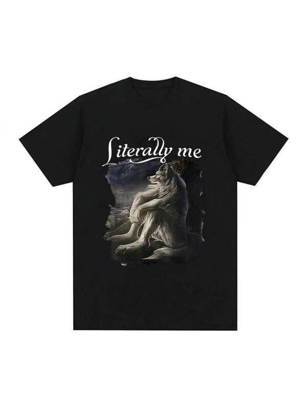 Sitting Wolf Literally Me Funny Meme T Shirt Men Casual Cotton Short Sleeve Oversized T-Shirts Hip Hop Vintage Tee Shirt 71766