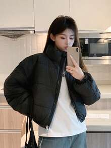 Abrigo corto de algodón con cremallera de metal y cuello alto para mujer, abrigo corto de algodón cálido, adecuado para el invierno. - Negro - Ver 2