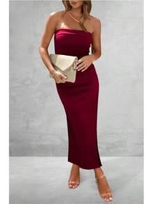 Women's Summer Bodycon Maxi Tube Dress Ribbed Strapless Side Slit Long Going Out Casual Elegant Party DressesHalloween Christmas New Year - 酒紅色 - 查看 4