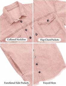 Vetinee Women's Oversized Button Up Frayed Hem Shacket Long Sleeve Pockets Denim Jean Jacket - 藕粉色 - 查看 7