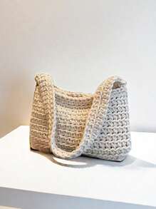 1 件女士单肩手提包，编织可折叠迷你敞口轻便时尚休闲手提包，白色软包 - 白色 - 查看 2