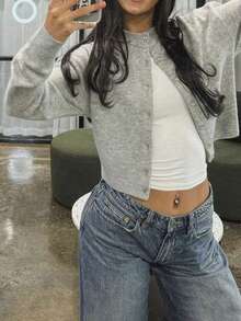 Plus Size Women Solid Color Long Sleeve Single-Breasted Casual Knitted Cardigan, Round Neck Shell Button Knit Sweater Jacket, Short Loose Comfortable Gray Sweater Top, Autumn/Winter - Grey - View 1