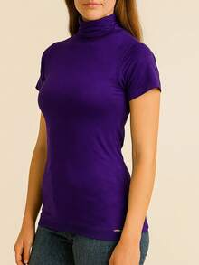 Women's Ribbed Mock Neck Short Sleeve Slim Fit Knit Top, Lightweight Stretchy Soft Tee Shirt, Casual Minimalist High Neck Pullover For Work, Travel And Everyday Wear, Classic Beige - 紫色 - 查看 2