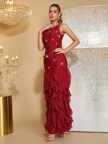 New Sexy Off-The-Shoulder Rhinestone Decorated Handmade Three-Dimensional Flowers Slim Fit Long Bandage Dress Holiday Wedding Bridesmaid Dress Elegant Birthday Party Ladies Formal Dinner Dress Skirt