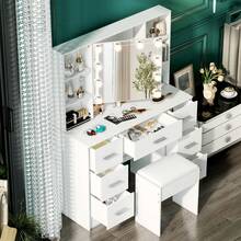Teousev Makeup Dressing Table With LED Mirror Bedroom Vanity Unit Set With Stool Drawer White ,7-Drawers Vanity Dressing Table Makeup Desk With LED Light Mirror Dresser Desk - White - View 2