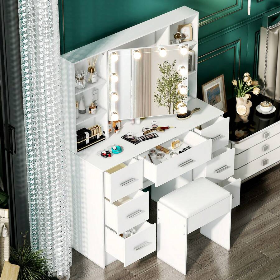 Teousev Makeup Dressing Table With LED Mirror Bedroom Vanity Unit Set With Stool Drawer White ,7-Drawers Vanity Dressing Table Makeup Desk With LED Light Mirror Dresser Desk