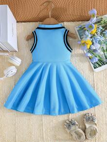 Đầm thêu cổ áo phong cách đại học dễ thương, thoáng khí, thoải mái cho bé gái, Đầm thời trang mùa hè thanh lịch cho bé gái - Màu xanh lam - Xem 2