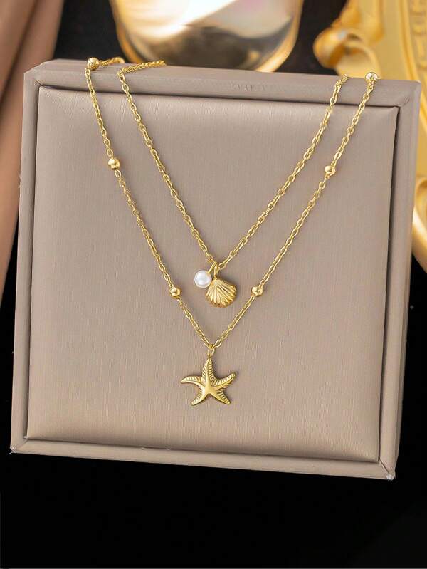 2pcs Seashell Necklace Set For Women 14K Gold Plated Adjustable Layered Starfish Seashell Faux Pearl Pendant Charm Necklace,Stacking Jewelry For Summer Beach Holiday,Summer Jewelry ,Everyday Wear,Birthday Gift,Friendship Gift