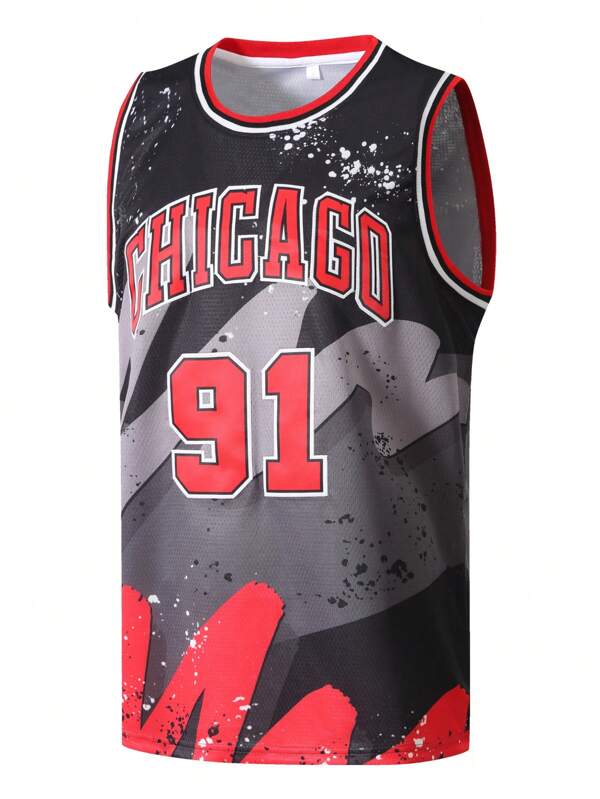 Men's Basketball Jersey 91 Black Embroidered Casual Sports Vest Round Neck Sleeveless Training Suit
