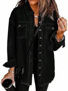 Vetinee Women's Oversized Button Up Frayed Hem Shacket Long Sleeve Pockets Denim Jean Jacket - 純黑色 - 查看 1