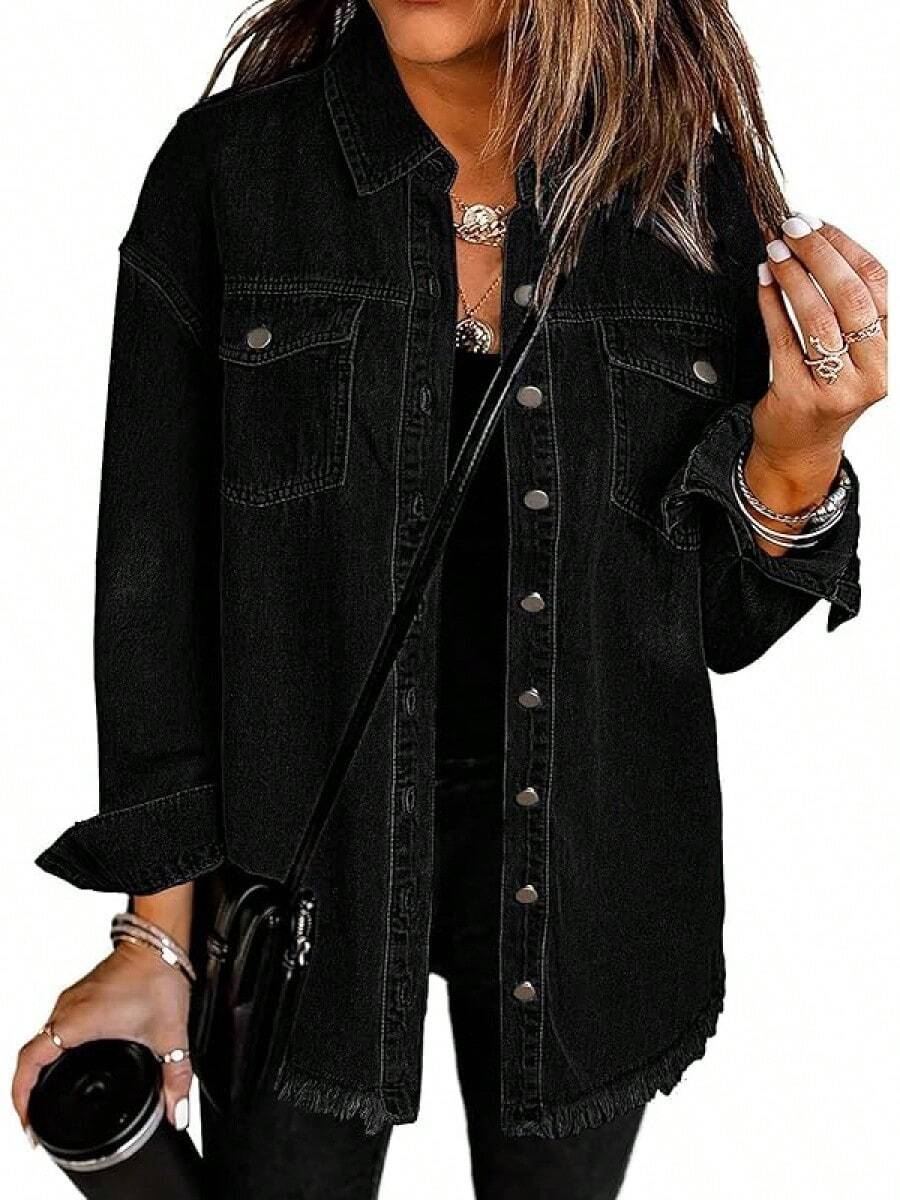 Vetinee Women's Oversized Button Up Frayed Hem Shacket Long Sleeve Pockets Denim Jean Jacket - 純黑色 - 查看 1