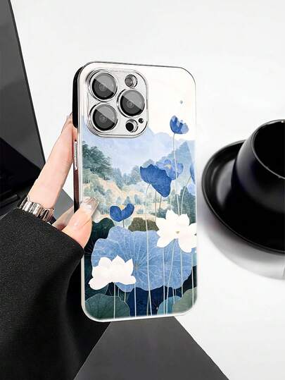 1pc Fashionable Blue Lotus Pattern Tempered Glass Material With Lens Film, Electroplated Anti-Fall Scratch-Resistant Anti-Fingerprint TPU Full Edge Soft Phone Case Compatible With Apple Models