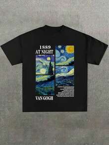 Van Gogh 1889 At Night Graphic Tee, Men's Summer Printed Short Sleeve T-Shirt, Casual, School - 黑色 - 查看 1