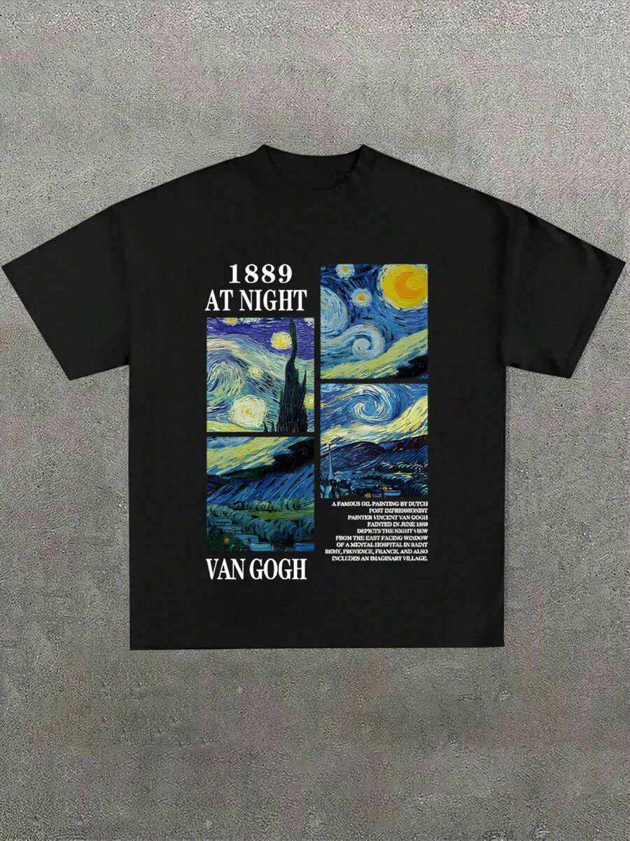 Van Gogh 1889 At Night Graphic Tee, Men's Summer Printed Short Sleeve T-Shirt, Casual, School - 黑色 - 查看 1