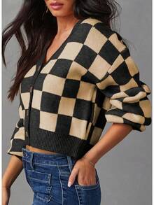 Women's Checkered Button Down Long Sleeve Knit Cropped Cardigan Sweater Tops, Style - 杏 - 查看 3