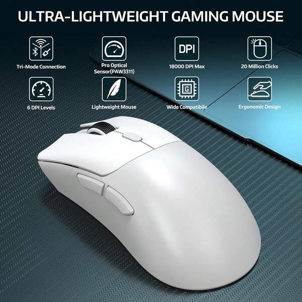 ATTACK SHARK ATTACK SHARK R1 kabellose Gaming-Maus, Tri-Mode Verbindung (2.4G/Kabel/BT5.2), 55g leicht, 18K DPI optischer Sensor, HUYU 20 Millionen Tastaturlebensdauer, ergonomisches Design, für PC/Laptop/Win