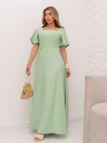MODA MO, REF:8025 Women's Short-Sleeved Lotus Edge Dress, Solid Color, Long A-Line Skirt, Temperament Slim Waist Skirt For Summer 2025 - 綠色 - 查看 4